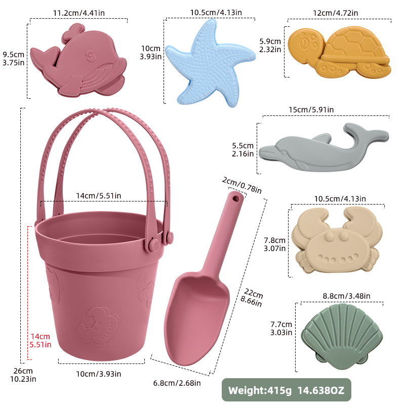 Juego de toyos de arena y baño de silicona de grado 8-in-1 de grado 8 en 1 | Beach Play Kit para niños pequeños | Herramientas de juego al aire libre de verano (pala, moldes) - liviano y amigable para los viajes