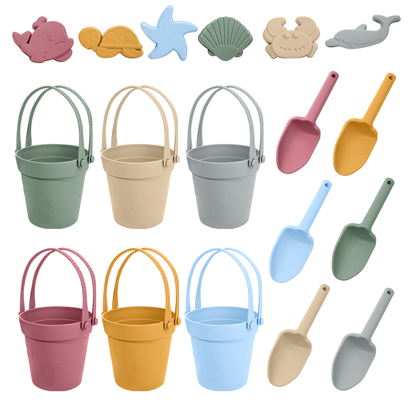 Juego de toyos de arena y baño de silicona de grado 8-in-1 de grado 8 en 1 | Beach Play Kit para niños pequeños | Herramientas de juego al aire libre de verano (pala, moldes) - liviano y amigable para los viajes