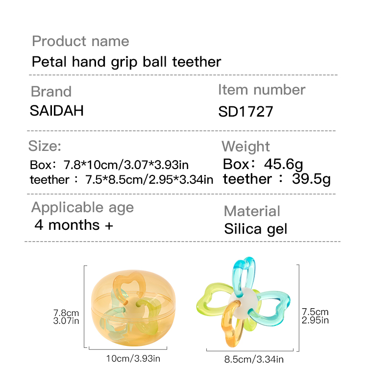 Bola de teether sensorial de pétalos calmante-Toy de masticación infantil sin BPA de agarre fácil