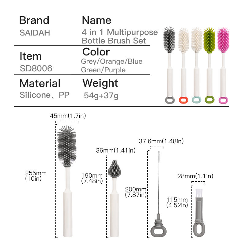 4 en 1 juego de cepillos de botella multipropósito
